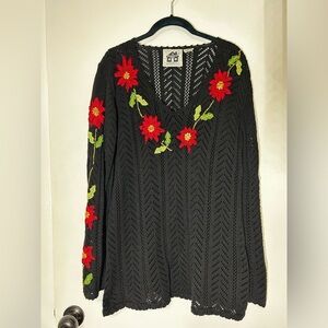 Storybook Knits Beaded Embroidered Christmas Poinsettia Santa Holiday Sweater M